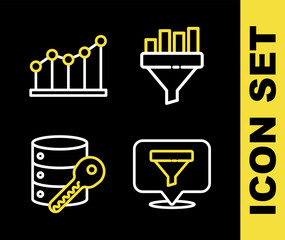 Poster - Set line Sales funnel with chart, Location sales, Server security key and Pie infographic icon. Vector