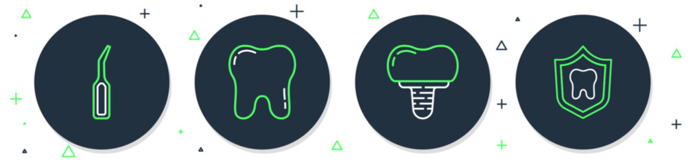 Poster - Set line Tooth, Dental implant, explorer scaler and protection icon. Vector