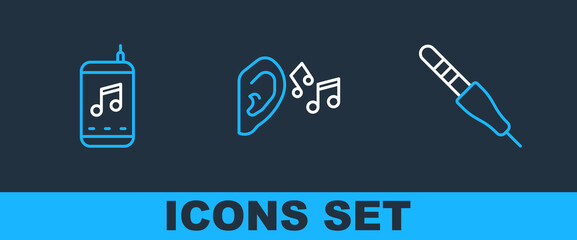 Poster - Set line Audio jack, Music player and Ear listen sound signal icon. Vector