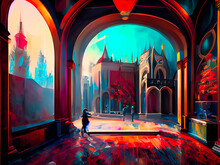 Illustration Of Fantasy Fairytale Castle In Night Time. Digital Painting.
