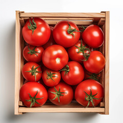 Wall Mural - tomatoes in the wood box on white background, close up collection of fresh ingredients healthy food, fruit, vegetables for healthy delicious food theme