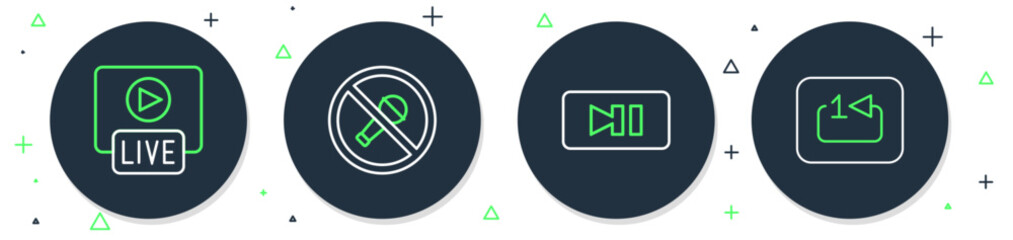 Poster - Set line Mute microphone, Pause button, Live stream and Repeat track music player icon. Vector