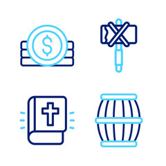 Poster - Set line Gun powder barrel, Holy bible book, Medieval axe and Ancient coin icon. Vector