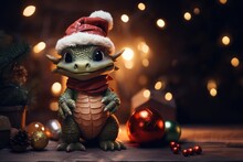 Cute Little Dragon In A Santa Claus Hat Against The Background Of A Christmas Tree And Bokeh Lights. Symbol Of The Year Is The Dragon. Festive Christmas Card. Place For Text, Copyspace