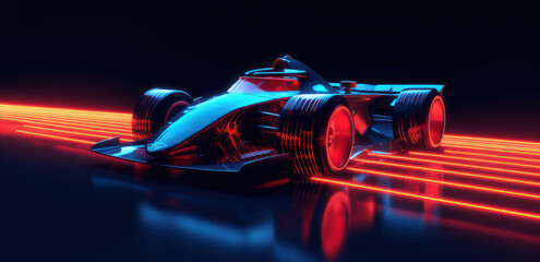 Poster - a racing car with red and blue neon lights