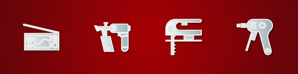 Sticker - Set Radio, Nail gun, Electric jigsaw and hot glue icon. Vector