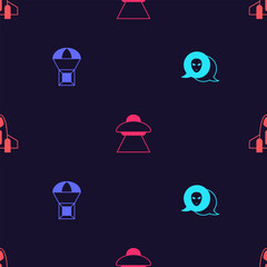 Poster - Set Alien, Box flying on parachute, UFO spaceship and Rocket on seamless pattern. Vector
