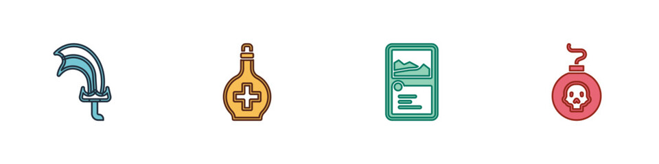 Poster - Set Sword for game, Bottle with potion, Card collection and Bomb ready to explode icon. Vector