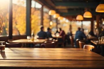 Wall Mural - Empty wooden table top with restaurant full of guests in background with bokeh autumn sunlight. Generative Ai.