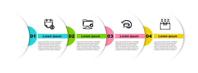 Poster - Set line Calendar and clock, FTP sync refresh, Electric car and Bottles of wine in box. Business infographic template. Vector