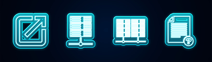 Poster - Set line Open in new window, Server, Data, Web Hosting, and Unknown document. Glowing neon icon. Vector