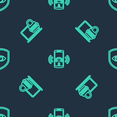 Poster - set line smart car alarm system, laptop with password and shield and eye on seamless pattern. vector
