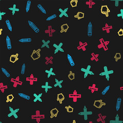 Poster - set line pencil, crossed pencil, pixel hand cursor and ruler on seamless pattern. vector