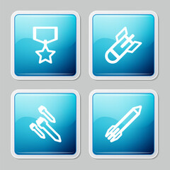 Poster - Set line Military reward medal, Aviation bomb, Rocket and icon. Vector