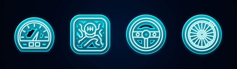 Wall Mural - Set line Speedometer, Gear shifter, Steering wheel and Car. Glowing neon icon. Vector