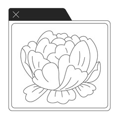 Application window blooming peony black and white 2D line cartoon object. Blossoming flower image preview computer isolated vector outline item. Nostalgic peony monochromatic flat spot illustration