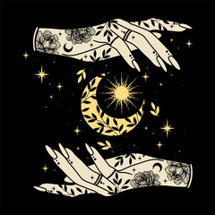 Magical crescent and boho woman hands. Alchemy esoteric magic space, vector isolated on black background.