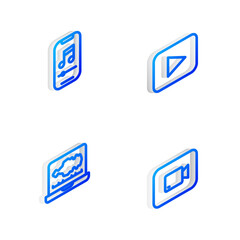 Sticker - Set Isometric line Play button, Music player, Sound or audio recorder and video icon. Vector