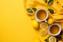 Lemon Tea In A Large Cup On A Yellow Background With A Yellow Blanket And Lemons. Copy Space. Top View. Flat Lay.	