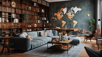 Wall Mural - Eclectic home interior Living room, A mix of various styles and periods, allowing for a diverse and personalized look that reflects individual tastes