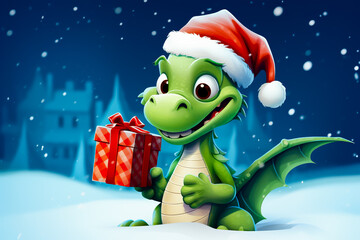 Poster - Cartoon Christmas scene with green dragon with Santa Claus hat.