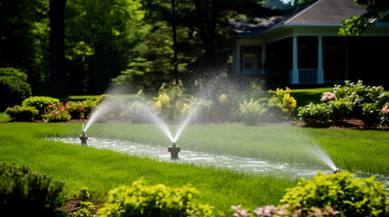 Wall Mural - Automatic watering of the green lawn. The nozzle sprays water onto the lawn. Automatic lawn care.