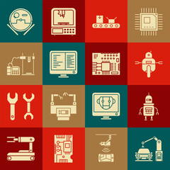 Poster - Set Industrial machine robotic robot arm hand, Robot, Conveyor belt with cardboard box, Computer monitor screen, 3D printer, vacuum cleaner and Printed circuit PCB icon. Vector