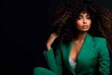 Black women with curly Brazilian hair in green suit professional. afroamerican woman.  businesswoman. beauty young black