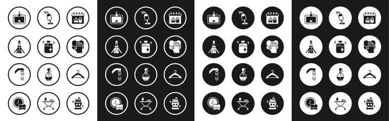 Sticker - Set Cleaning calendar, cooking pot, Handle broom, Washbasin, service, Vacuum cleaner, Hanger wardrobe and Shower head icon. Vector