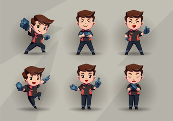 set of man mascot cartoon character in red black uniform