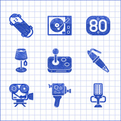 Sticker - Set Joystick, Retro cinema camera, Microphone, Fountain pen nib, Floor lamp, 80s and Skateboard trick icon. Vector