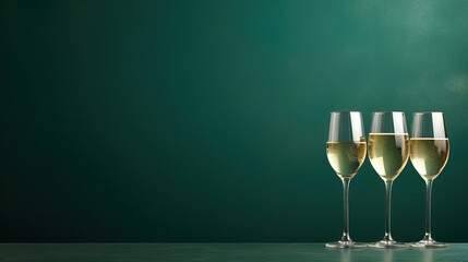 a minimalistic  sylvester green background two champagne glasses, with empty copy space, 