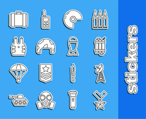 Sticker - Set line Military reward medal, Radar, Detonate dynamite bomb stick, helmet, Bulletproof vest for protection from bullets, ammunition box and Aviation icon. Vector