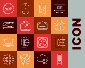 Poster - Set line Video game console, Tablet, Processor, graphic card, Laptop and gear, RAM, random access memory, Ar, augmented reality and Cloud technology data transfer storage icon. Vector