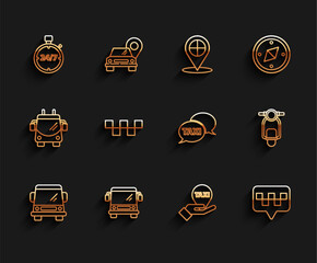 Sticker - Set line Car, Bus, Stopwatch 24 hours, Hand on map pointer with taxi, Map, Taxi car roof, Scooter and call telephone service icon. Vector