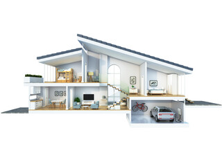 Modern home cross section, 3d rendering