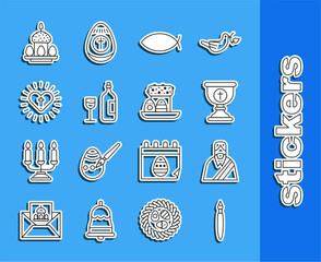 Sticker - Set line Paint brush, Jesus Christ, Christian chalice, fish, Wine bottle with glass, cross and heart, Easter cake eggs and icon. Vector