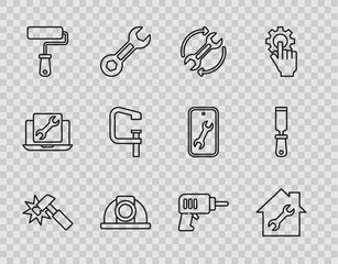 Poster - set line hammer, house repair, wrench and arrows as workflow, worker safety helmet, paint roller bru