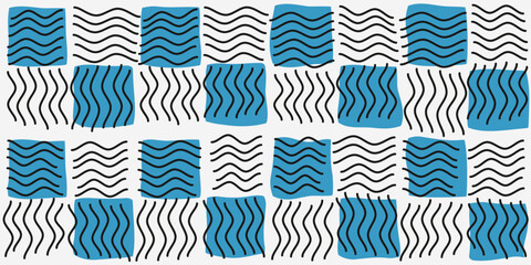 Poster - Blue and white checkerboard pattern with wavy lines. Vector seamless pattern of identical checkerboard tiles.