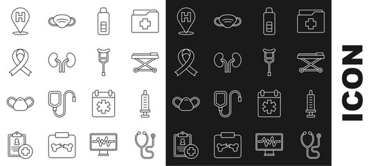 Wall Mural - Set line Stethoscope, Syringe, Stretcher, Digital thermometer, Human kidneys, Awareness ribbon, Location hospital and Crutch or crutches icon. Vector