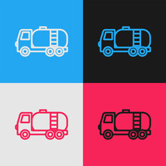 Sticker - Pop art line Tanker truck icon isolated on color background. Petroleum tanker, petrol truck, cistern, oil trailer. Vector