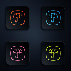 Poster - Color neon line Delivery package with umbrella symbol icon isolated on black background. Parcel cardboard box with umbrella sign. Logistic and delivery. Set icons in square buttons. Vector