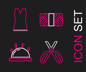 Poster - Set line Scissors, Needle bed and needles, Sewing thread on spool and Woman dress icon. Vector