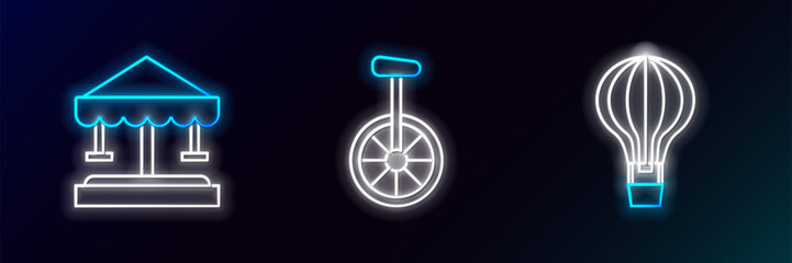 Poster - Set line Hot air balloon, Attraction carousel and Unicycle or one wheel bicycle icon. Glowing neon. Vector