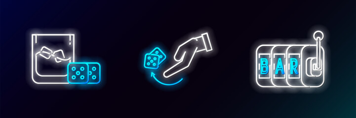 Sticker - Set line Slot machine, Game dice and glass of whiskey with ice cubes and Human hand throwing game icon. Glowing neon. Vector