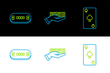 Poster - Set line Playing card with spades symbol, Poker table and Hand holding deck of playing cards icon. Vector