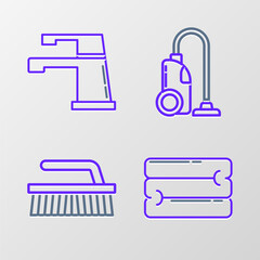 Poster - Set line Towel stack, Brush for cleaning, Vacuum cleaner and Water tap icon. Vector