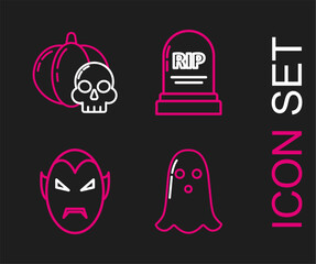 Wall Mural - Set line Ghost, Vampire, Tombstone with RIP and Pumpkin and skull icon. Vector