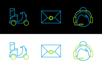 Poster - Set line Support operator in touch, Scooter delivery and Envelope icon. Vector