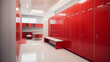 Red lockers in red color for student in changing room.